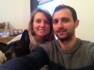 Selfie of Becky, her husband and their dog