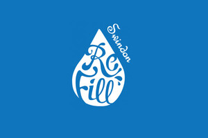 Refill Swindon logo of a drop of water on a blue background with Refill Swindon written elaborately