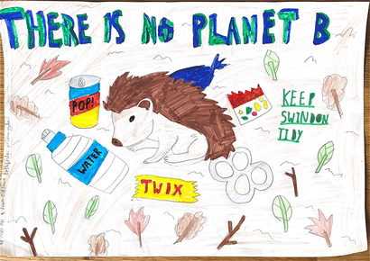 Keep Swindon Tidy poster.  It reads, 'No planet B.  Keep Swindon Tidy.'  It portrays a hedehog in nature surrounded by litter such as sweet wrappers and multipack can holders.