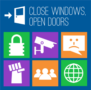 Reads, 'Close Windows Open Doors'.  Has simple padlock, surveillance camera, unhappy message box, raised fist, group of people, and internet icons.