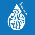 Refill Swindon logo; a blue background with a drop of waster containing, and surrounded by, the name