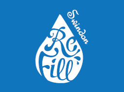 Refill Swindon logo; blue background with a drop of water containing and surrounded by the name