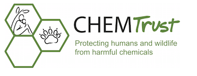 CHEM Trust logo: Reads, 'Protecting humans and wildlife from harmful chemicals'.  There are 3 joined hexagons symbolising molecular structure; one contains a human sat beneath a tree, another a paw print, the other is empty.