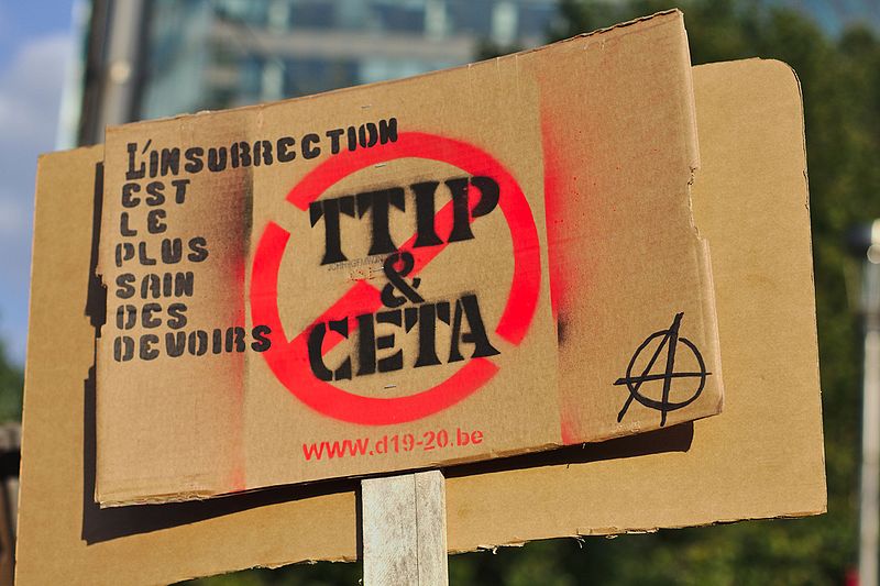 Protest banner symbolises, 'No to TTIP and CETA'
