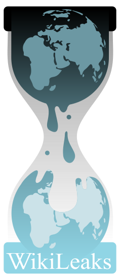 The Wikileaks logo: An hourglass sand timer comprised inside of a dark Earth dripping down to a light Earth