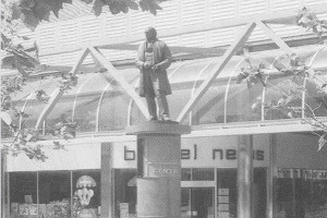 A 70s photograph of the Brunel statue in Havelock Square with the Brunel shopping centre in the background