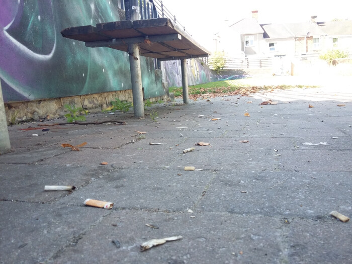 Littered cigarettes by a bench