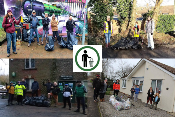 Keep Swindon Tidy Day 2021 collage of litter pickers and rubbish bags collected.
