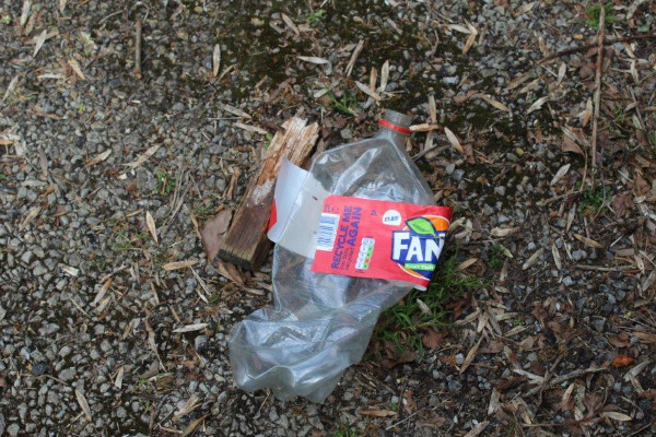 Plastic Fanta bottle littered on an area of soil
