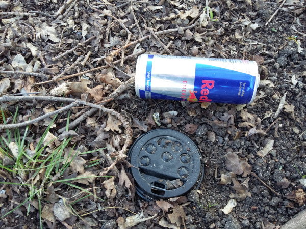 Littered Red Bull can and single-use coffee cup lid on an area of soil