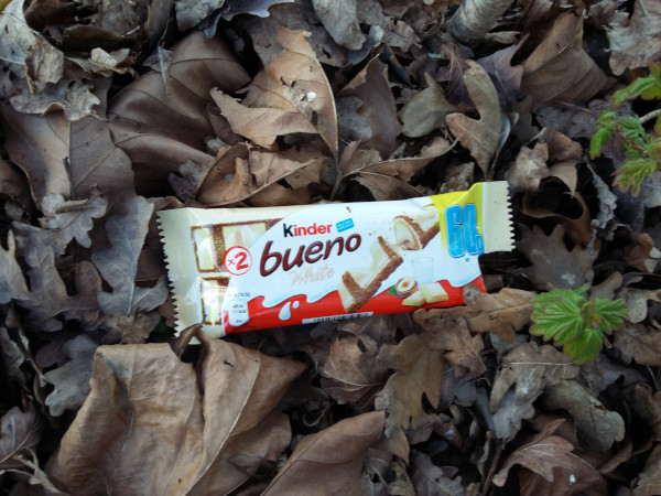 Kinder Bueno packet littered  on some leaves