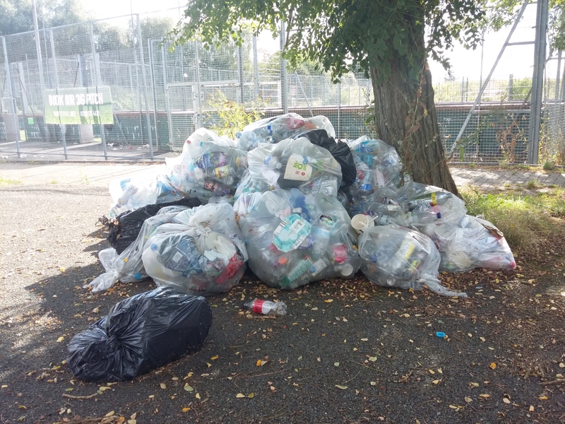 Pile of rubbish bags by a tree next to the football pitches
