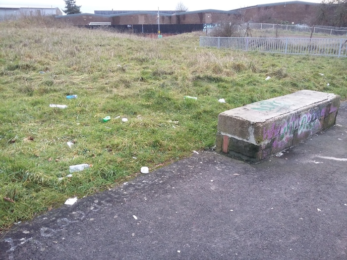 Heavy litter next by a bench in the skate park