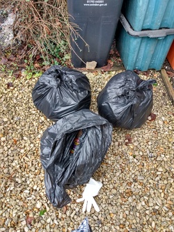 3 bags of collected rubbish by a bin