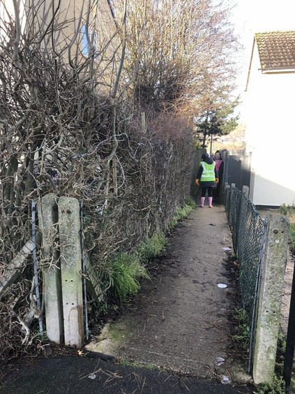 A litter picker cleans a narrow footpath by some trees