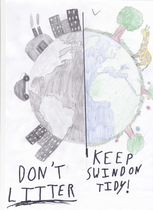 Keep Swindon Tidy poster.  Our planet is divide in two. One is grey and industrial, with cars, factories and tower blocks.  The other has trees and animals.  It reads, 'Don't litter.  Keep Swindon tidy.'