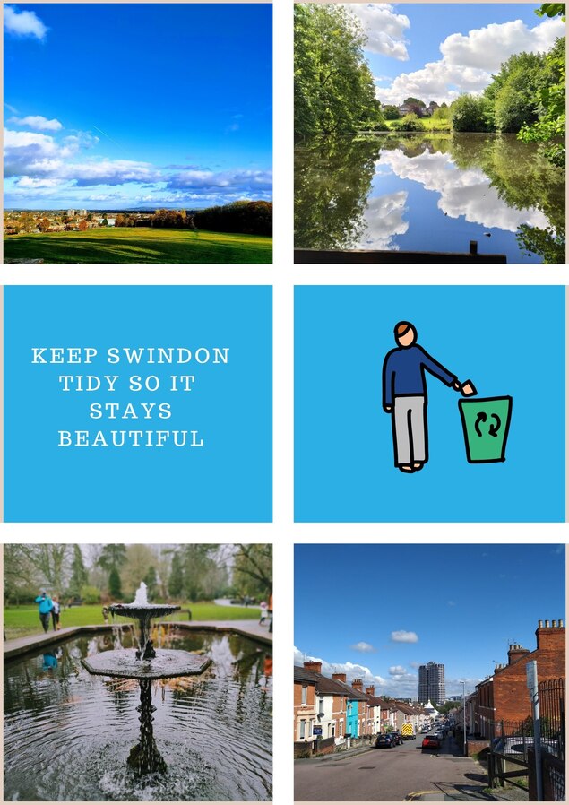 Poster made up of a collage of photos of natural places in Swindon.  It reads 'Keep Swindon Tidy so it stays beautiful'