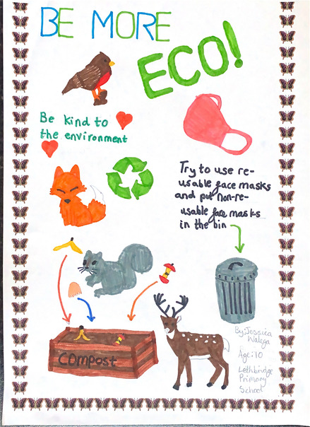 Keep Swindon Tidy poster.  Small butterflies border the edges.  A bird, fox, squirrel, and deer and love hearts.  A compost heap.  A face mask with an arrow to the bin.  It reads, 'Be more eco!  Be kind to the environment.  Try to use reusable face masks and put non-reusable face masks in the bin' 