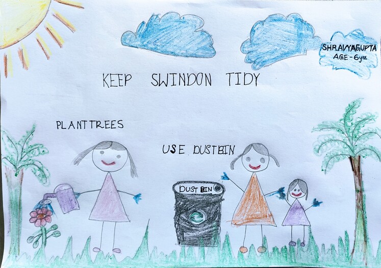 Keep Swindon Tidy poster: A grassy area with a couple of trees on a sunny day with a few clouds.  Some happy girls are watering plants and using the dustbin.  It reads, 'Keep Swindon Tidy.  Plant trees.  Use dustbin.  By Shravya Gupta, age 6.'