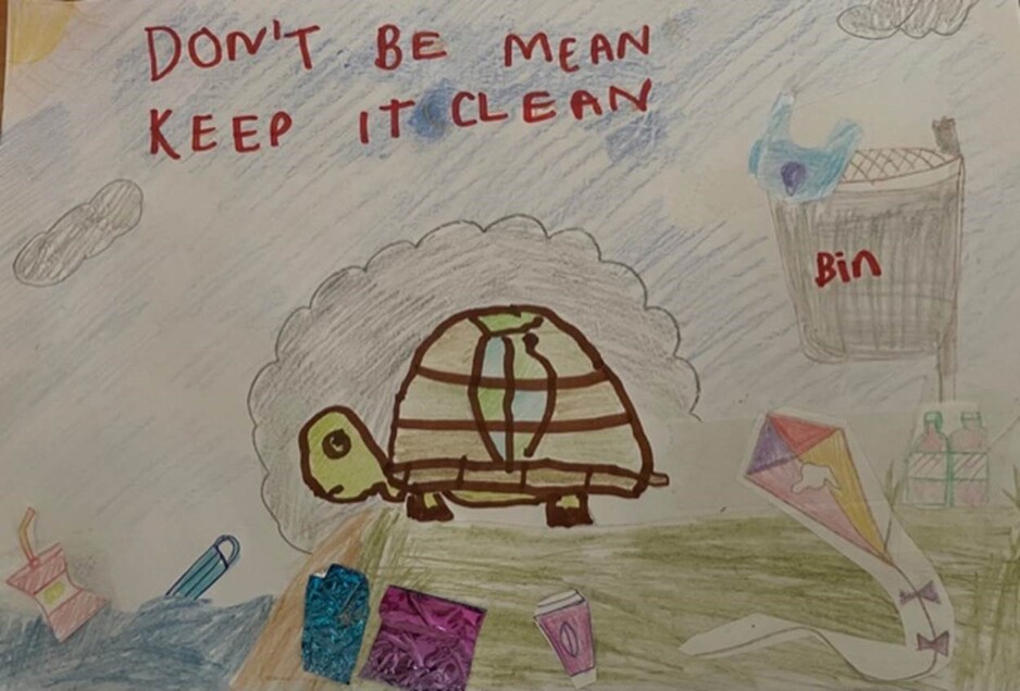 Keep Swindon Tidy poster.  A tortoise is in a littered, polluted area of nature.  It reads, 'Don't be mean, keep it clean'