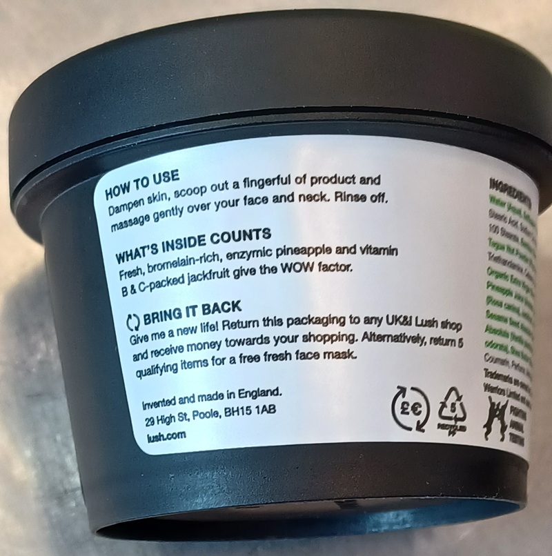 Lush container with information on their return scheme