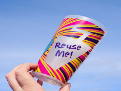 A cup held in the air.  It reads 'Reuse me'