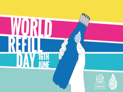 A hand holding a reusable bottle.  Reads, 'World Refill Day'