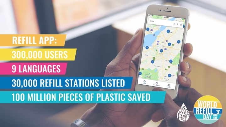 'Refill app.  300,000 users.  9 languages.  30 Refill stations listed.  100 million pieces of plastic saved.'