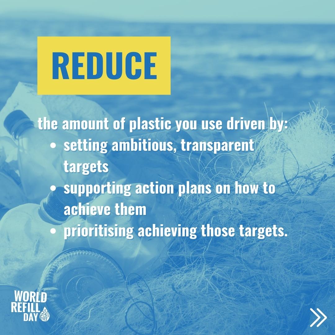 Reduce the amount of plastic you use driven by:  1. Setting ambitious, transparent targets.  2. Supporting action plans on how to achieve them.  3. Prioritising achieving those targets.