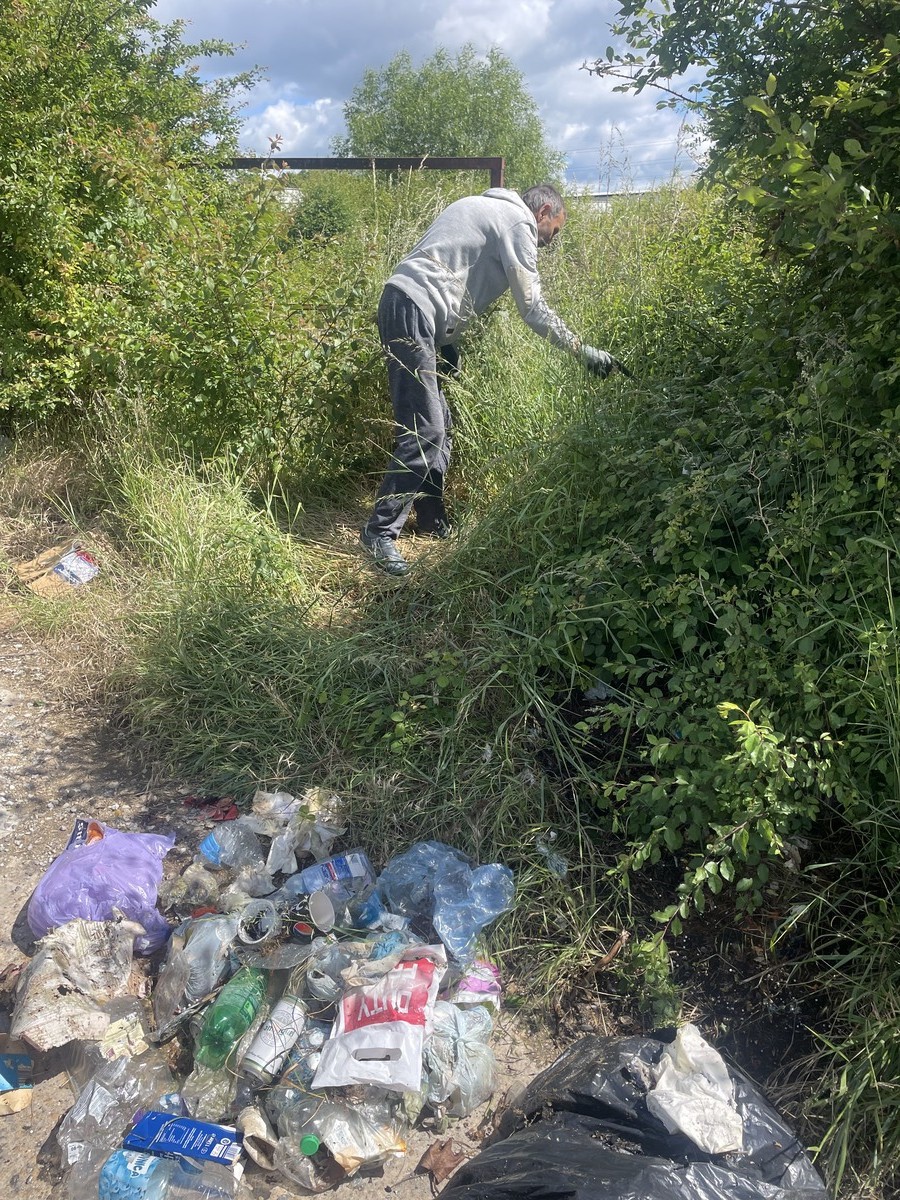 Litter picker collects litter from bushes