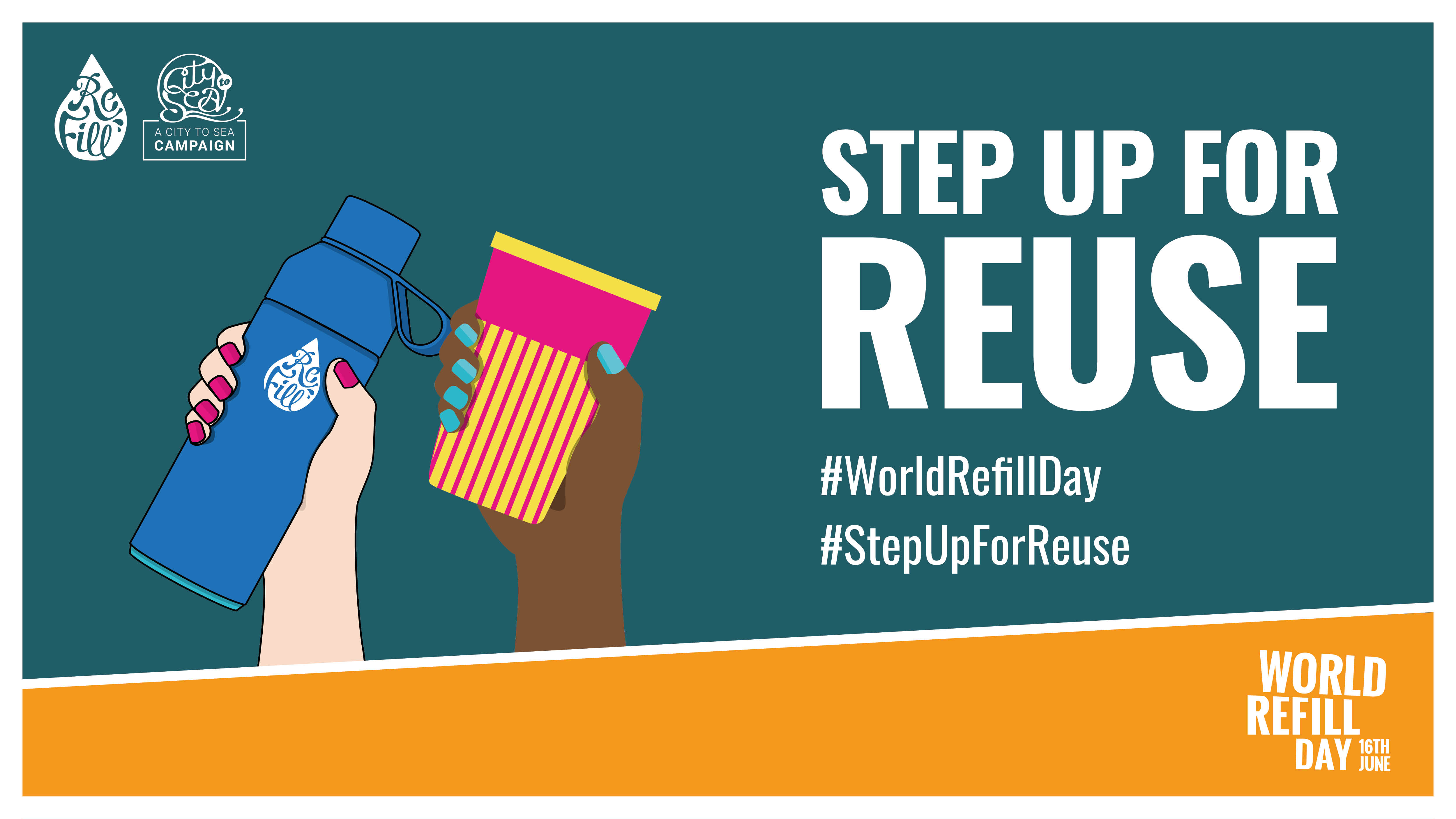 Step up for reuse: refillable coffee cup and water bottle.