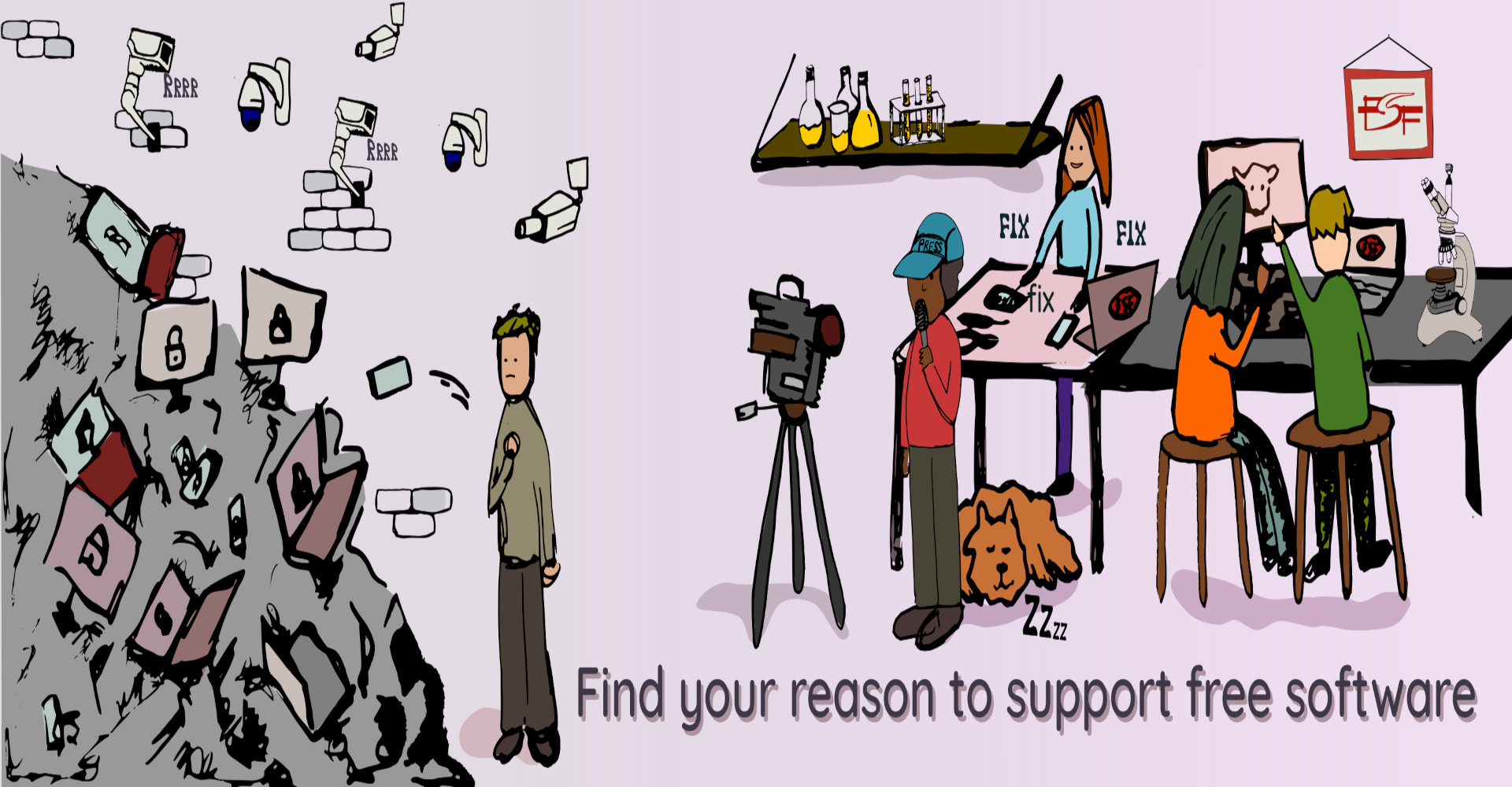 Find your reason to support free software - pile of e-waste next to computer repairers