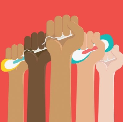 Raised fists of solidarity holding period products