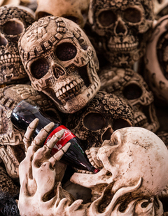 Image of mexican skulls, a smaller one being given Coca Cola to drink
