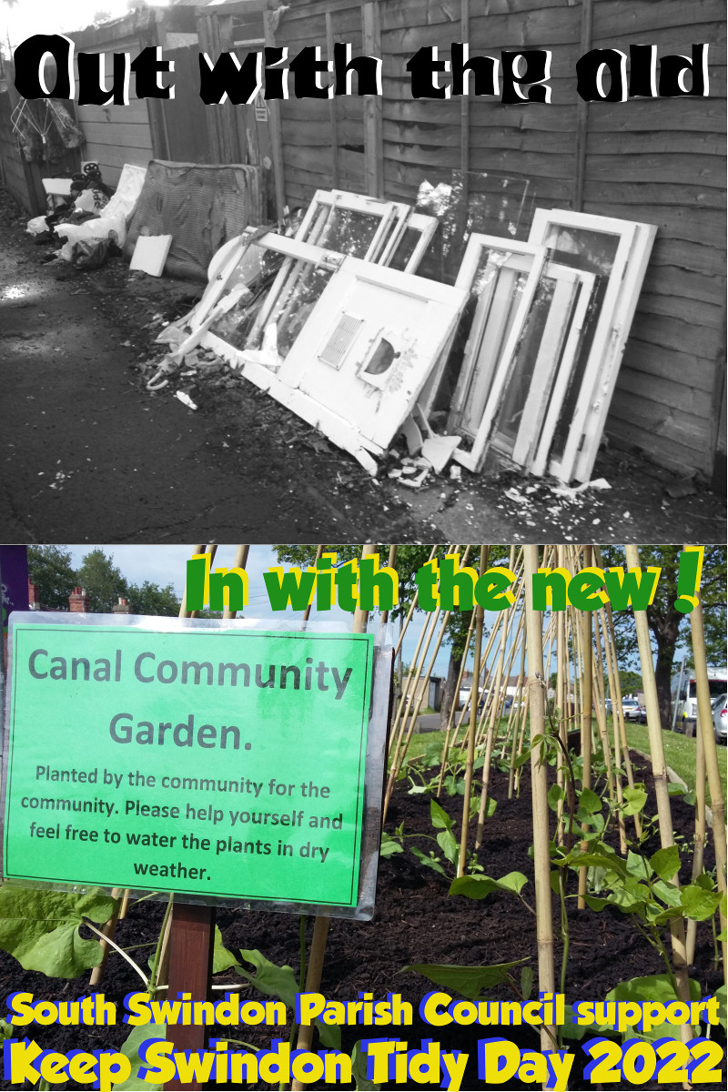 Reads, 'Out with the old, in with the new, Badbury Park community support KST Day 2022'.  Shows a fence with litter behind it in the top half.  The bottom half shows a group of litter pickers standing in front of a cottage and waving at the camera.