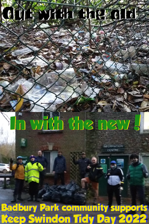 Reads, 'Out with the old, in with the new, South Swindon Parish Council support Keep Swindon Tidy Day 2022'.  Top half shows flytipping in an alleyway.  Bottom half shows a community growing project.