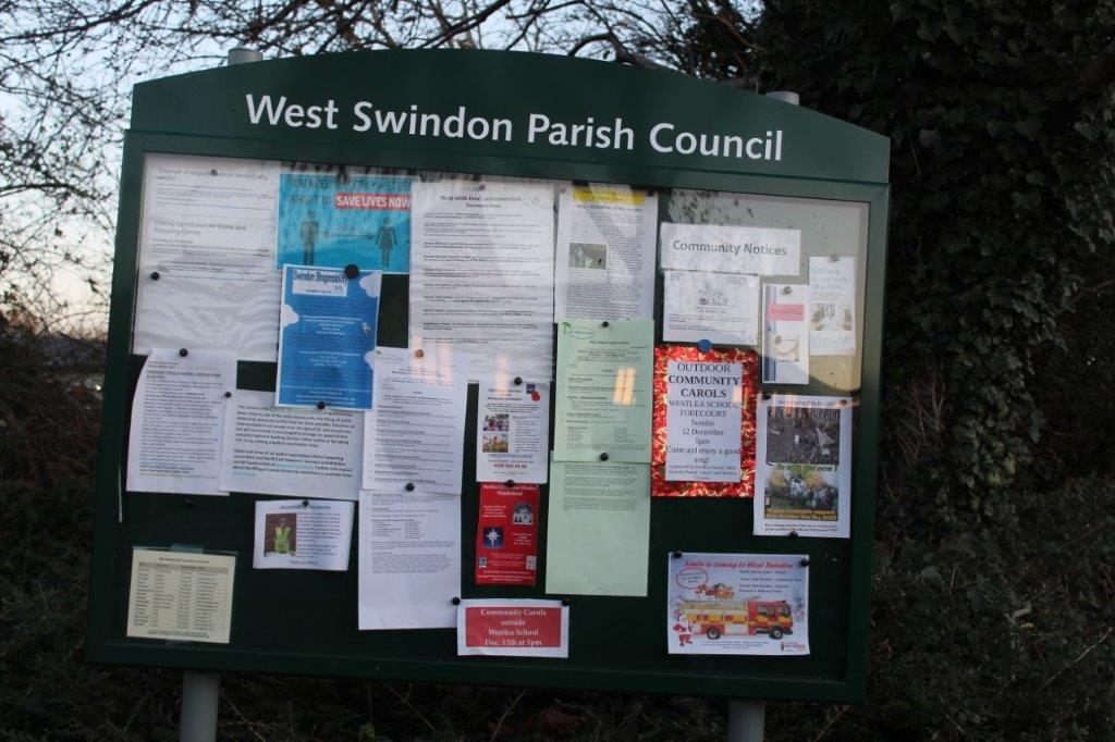 West Swindon Parish Council noticeboard with Keep Swindon Tidy posters on