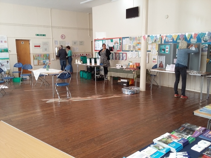 Stall setting up, taken from a corner of the church hall