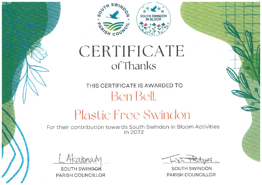 Certificate of thanks from South Swindon Parish Council to Plastic Free Swindon