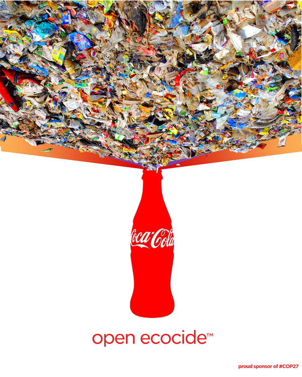 Coke Ecocide: Coke bottle with plastic pollution spraying from the bottle