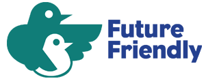 Future Friendly logo; a bird nestling a small bird under its wing.