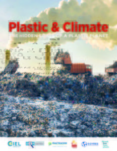 Plastic and Climate report.  Lorries dump plastic waste onto a vast pile