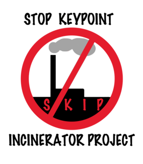 Stop Keypoint Incinerator Project logo.  An incinerator covered by the banned sign