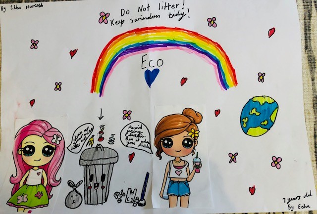 Keep Swindon Tidy poster.  It reads, 'Do not litter! Keep Swindon tidy!'  There are many small love hearts and flowers.  A rainbow at the top with the planet Earth below.  It has 2 girls by a bin, one is holding a drink.  One girl says, 'Avoid using plastic.  Bin it when you're finished.'  The other girl says, 'Clean up your mess like us'