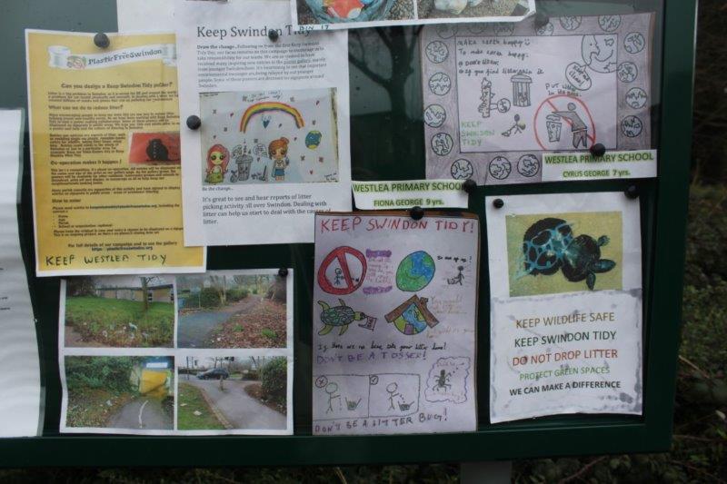 Noticeboard with Plastic Free Swindon and Keep Swindon Tidy posters displayed