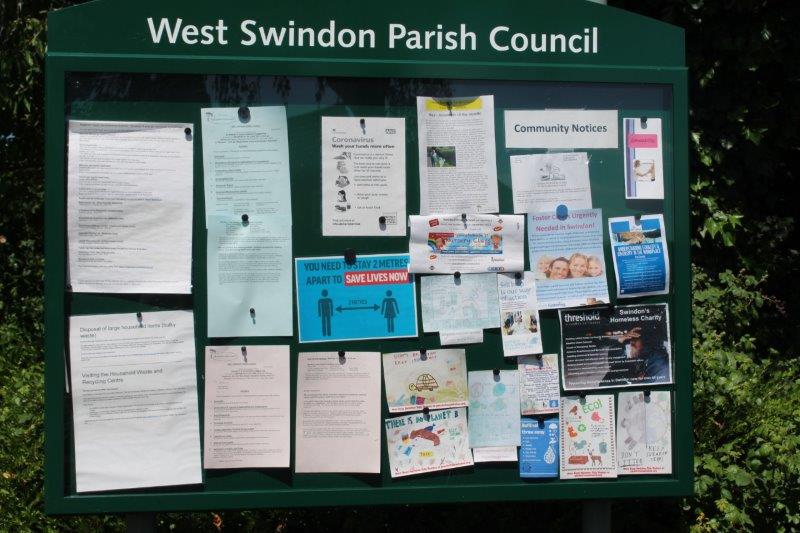 West Swindon Parish Council noticeboard which includes Keep Swindon Tidy leaflets