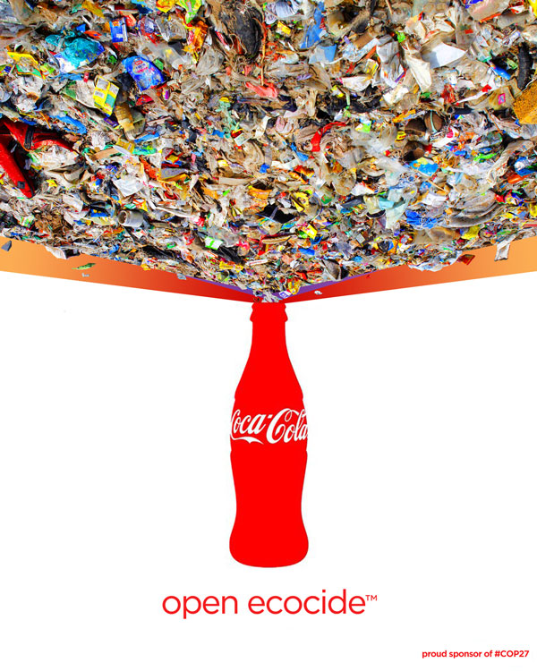 Coca Cola ecocide: Coca Cola bottle with plastic waste spewing out of it