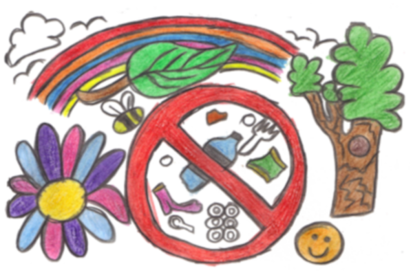 A colourful drawing of a flower, rainbow, tree, and flower with a bee flying and a smiley face.  Has plastic items covered by the banned symbol.